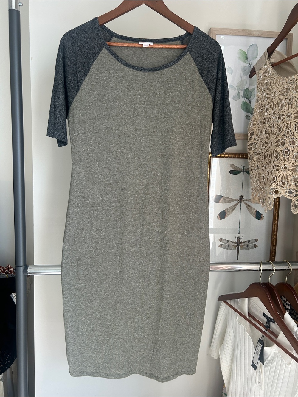 Lularoe M Two-Tone Raglan T-Shirt Dress - Olive Green & Charcoal